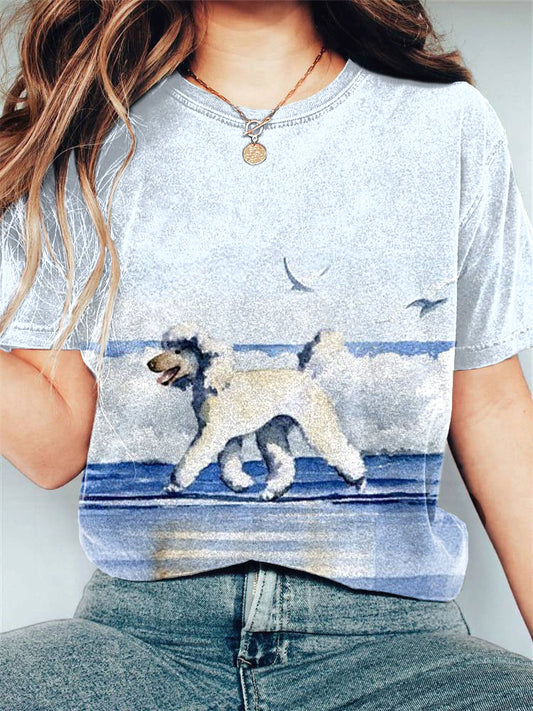 Comstylish White Poodle Watercolor Art Print Casual Cotton T-Shirt