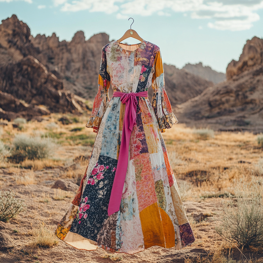 Women's Vintage Floral Patch Art Linen Blend Maxi Dress artswardrobe