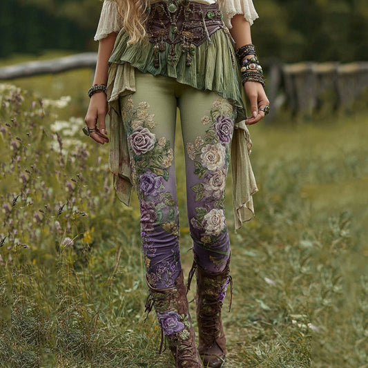 Vintage Purple Lavender And Floral Embroidered Casual Leggings