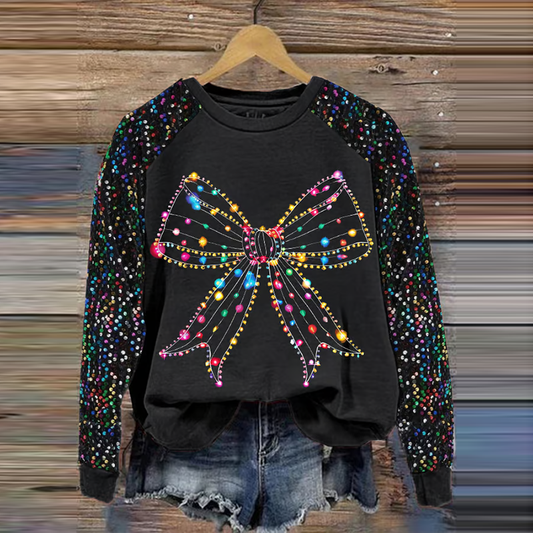 Comstylish Women's Christmas Lights Bow Printed Sweatshirt