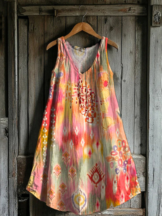Women's Bohemian Art Print V-neck Pocket Cotton Dress