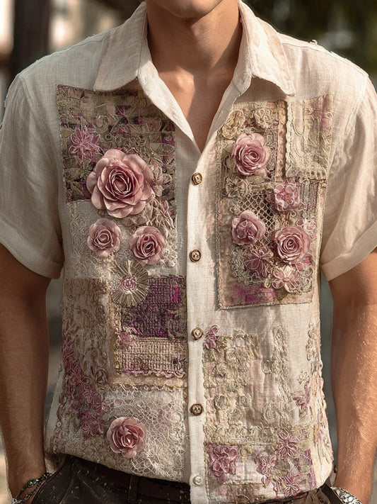 Men's Floral Lace Embroidered Retro Patchwork Linen Shirt artswardrobe