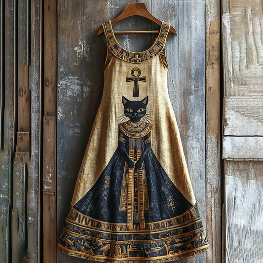Comstylish Vintage Ancient Egyptian Bastet Art Black Cat Graphics Linen Sleeveless Mini Dress