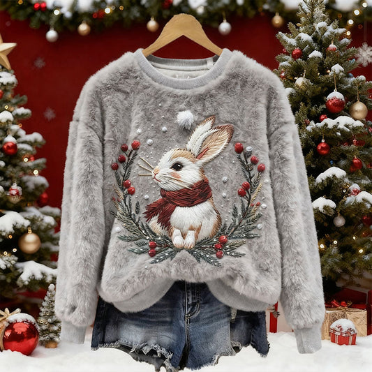 Comstylish Women's Christmas Bunny Embroidery Pattern Plush Sweatshirt