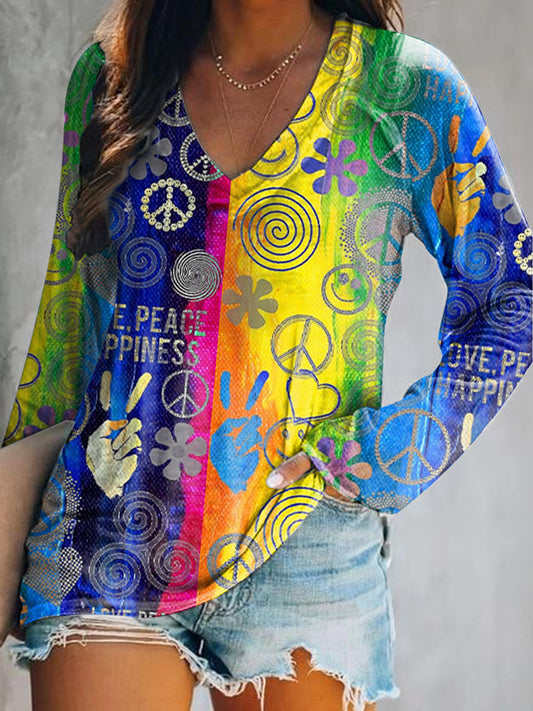 Women's Hippie Art Painting Vintage Print V-Neck Long Sleeve