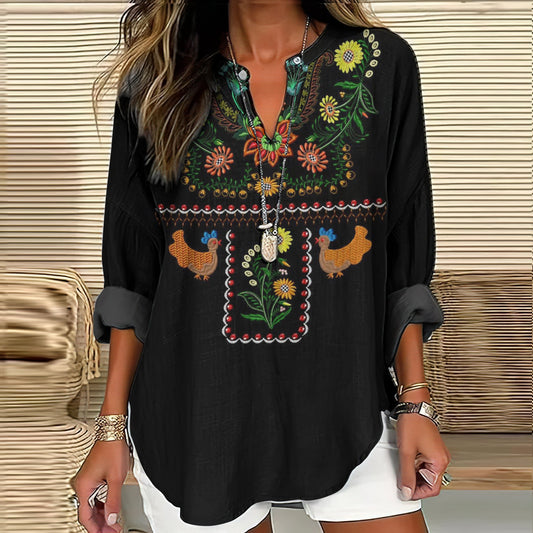 Comstylish Vintage Tribal Floral Embroidery Casual Shirt