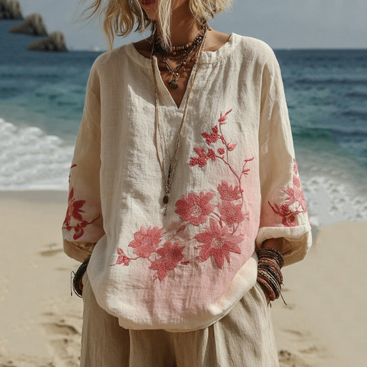 Comstylish Vintage Pink Floral Gradient Pattern Linen V Neck Comfy T-shirt