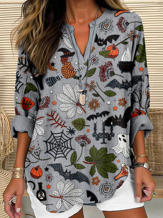 Comstylish Embroidered Halloween Art Linen Blend Cozy Shirt