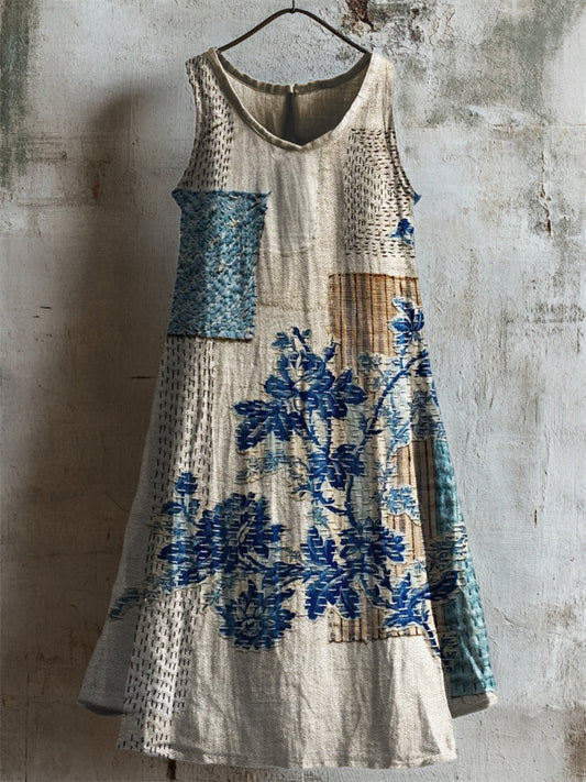 Vintage Classy Floral Textile Linen Tank Dress artswardrobe