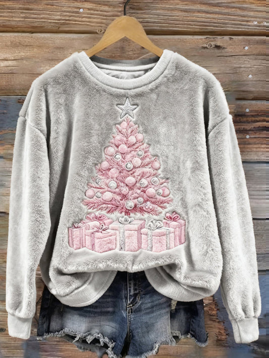 Comstylish Cute Christmas Tree Embroidered Cozy Plush Sweatshirt