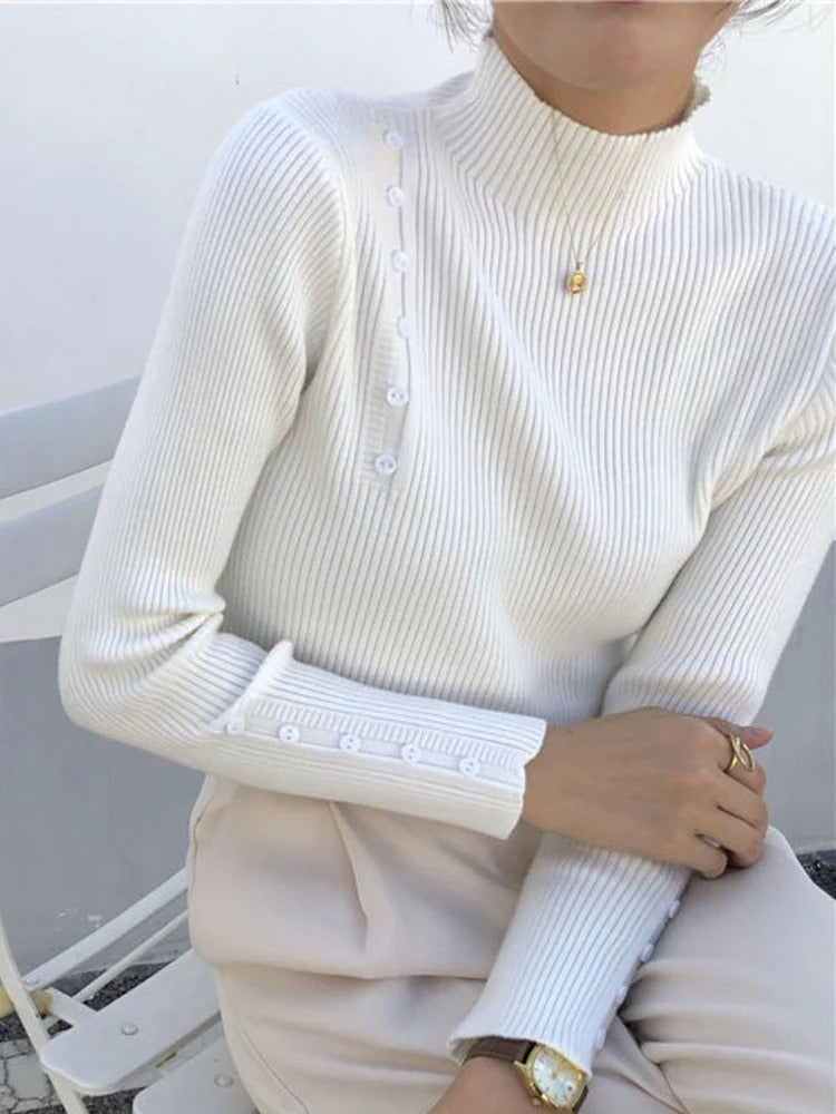 LM | MW - Elegant sweater with decorative buttons and stand-up collar