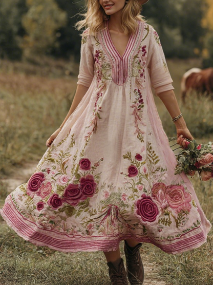Classy Gradient Pink Roses And Striped  Embroidered Linen Maxi Dress artswardrobe