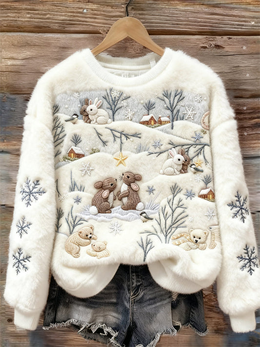 Bunny & Bear Winter Snowy Forest Embroidered Cozy Plush Sweatshirt artswardrobe
