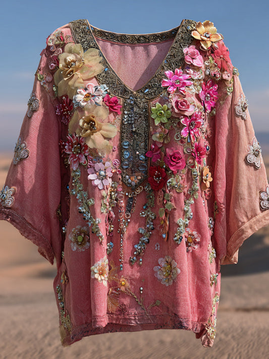 Bohemian Breast Cancer Awareness Three-dimensional Flower Rhinestone Embroidery Pink V-neck Short-sleeved Shirt artswardrobe