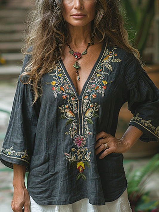 Women's Vintage Linen Bohemian Print Shirt artswardrobe
