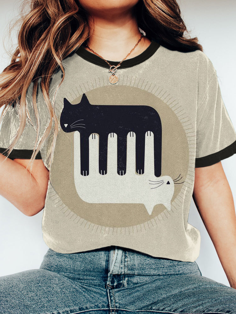 Black and White Piano Key Cat Print Women's Short Sleeve T-Shirt elevenforest