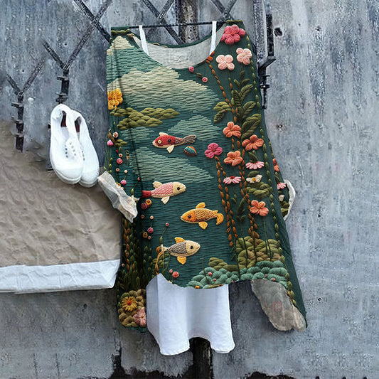 Comstylish Vintage Flower And Fish Loose Linen Cozy Shirt Tunic Top