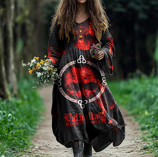 Women's Viking Skull Rune Print Cotton And Linen Dress artswardrobe
