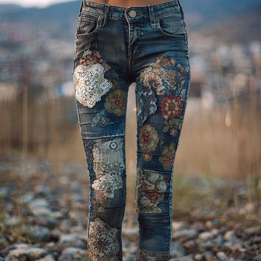 Comstylish Boho Floral Lace Embroidered Vintage Skinny Jeans