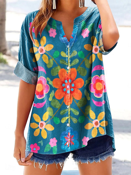 Women's Bohemian Floral Art Print Short Sleeve V-Neck Cotton and Linen