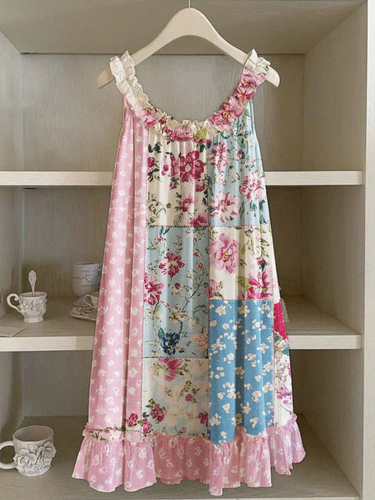 Cottage Floral Patchwork Ruffle Trim Linen Dress artswardrobe