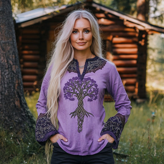 Women's Viking Purple Tree Of Life Art Linen Print Casual Shirt artswardrobe