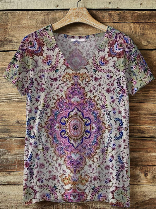 Women's Hippie Print V-neck T-shirt artswardrobe