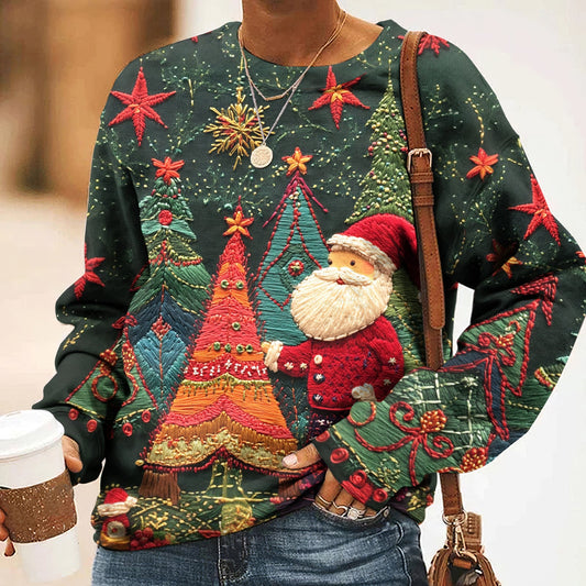 Comstylish Women's Colorful Christmas Tree & Santa Embroidery Art Casual Sweatshirt