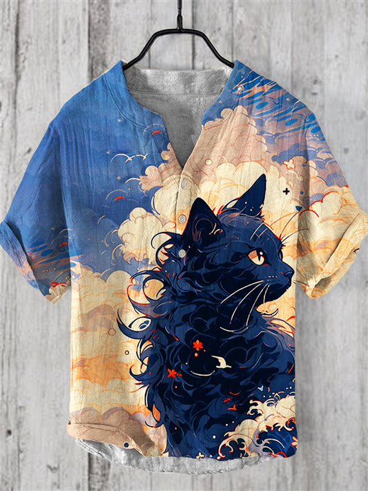 Japanese Sky & Cat Print Casual Linen Shirt elevenforest