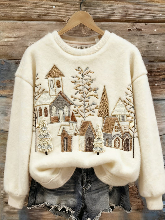 Comstylish Christmas Snowy Church Scene Embroidered Cozy Plush Sweatshirt