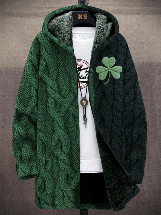 Men's Shamrock Embroidered Jacquard Cozy Hooded Coat elevenforest
