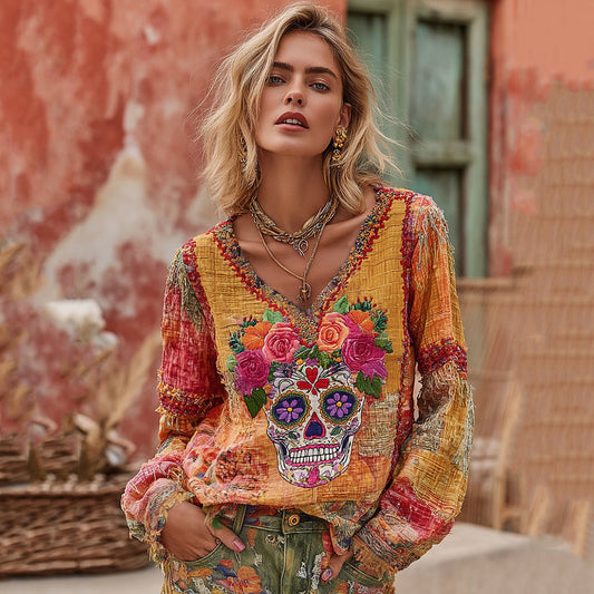 Comstylish Women's Classic Mexican Sugar Skeleton Catrina Day Of The Dead Inspired Painting Embroidered Casual Linen V Neck Long Sleeve T-shirt