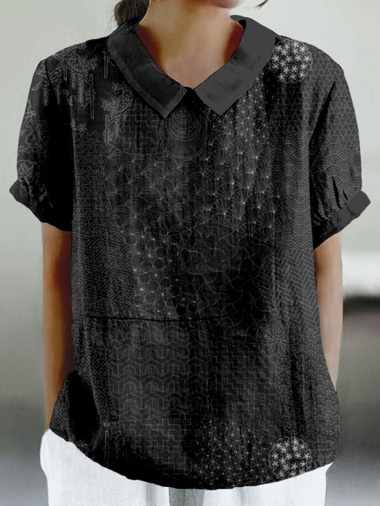 Comstylish Japanese Traditional Sashiko Art Linen Blend Comfy Shirt