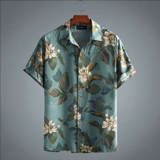 Bohemian Style Plant And Flower Pattern Men's Retro Cotton And Linen Shirt artswardrobe