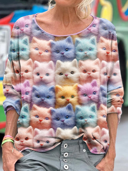 Women's Felted Colorful Cats Pattern Long Sleeve T-shirt artswardrobe