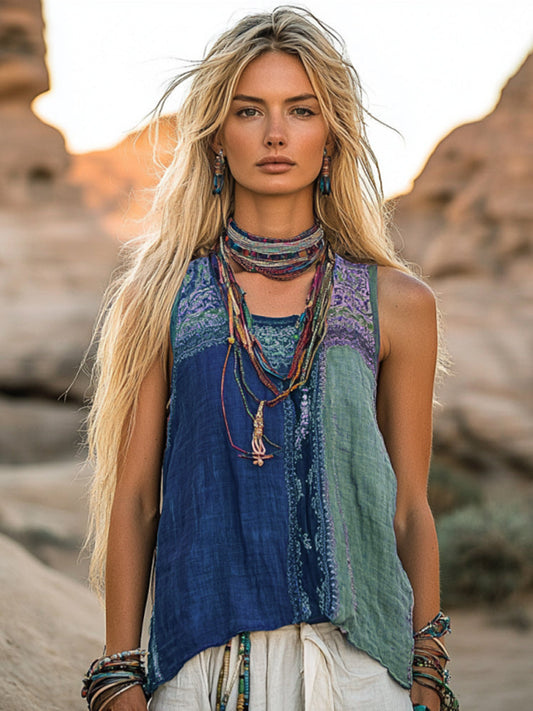 Women's Bohemia Ethnic Patchwork Style Linen Sleeveless Top artswardrobe