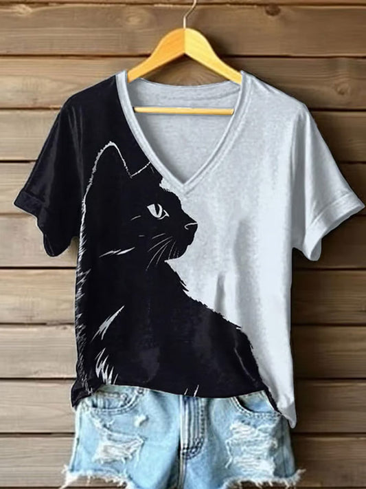 Comstylish Women's Animal Print Cat Short Sleeve V Neck T-shirt