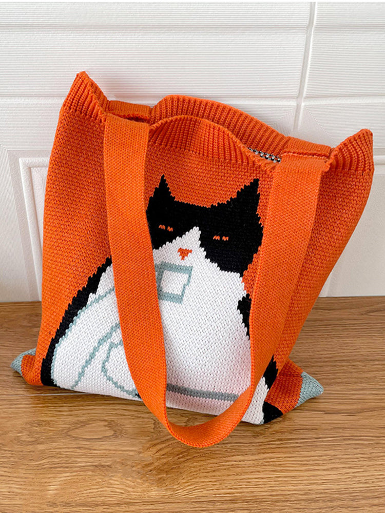 Cute Cat Pattern knitted Tote Bag elevenforest