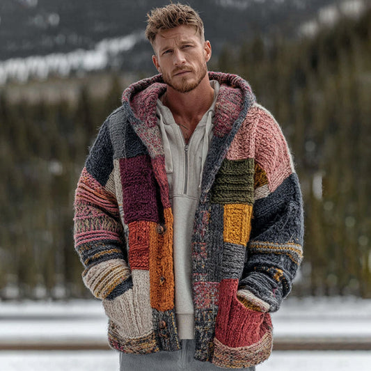 Men's Geometric Block Contrast Knit Button Hooded Sweater elevenforest