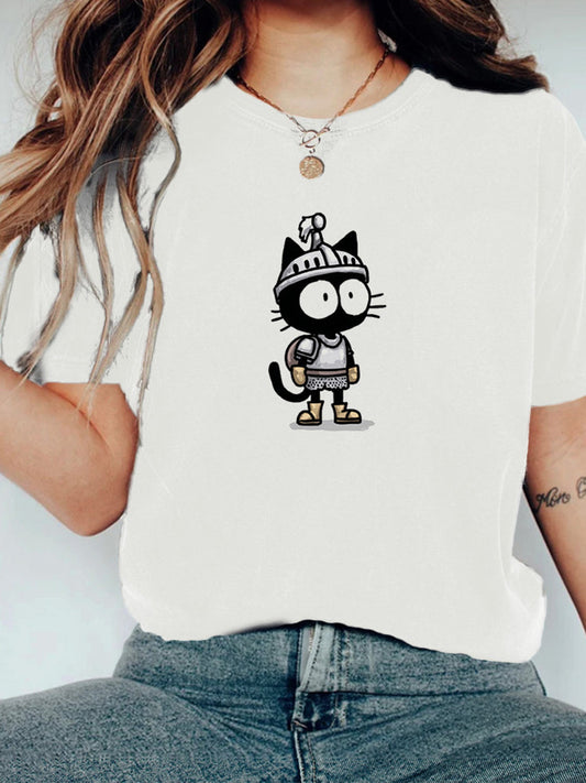 Comstylish Funny Armor Little Black Cat Round Neck Women's Short-sleeved T-shirt