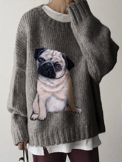Comstylish Lovely Pug Dog Wool Art Cozy Knit Sweater