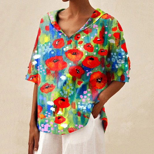 Comstylish Colorful Flowers Print Casual V Neck Shirt