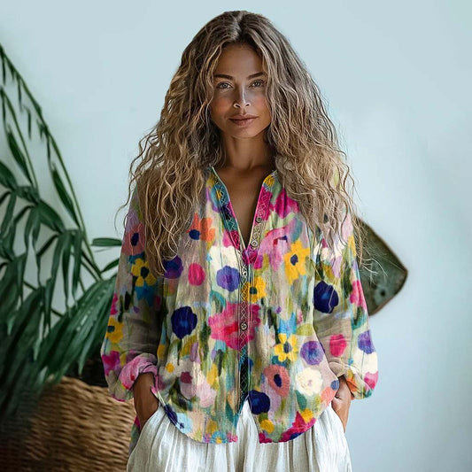Comstylish Vintage Colorful Floral Art Cotton Linen Casual Shirt