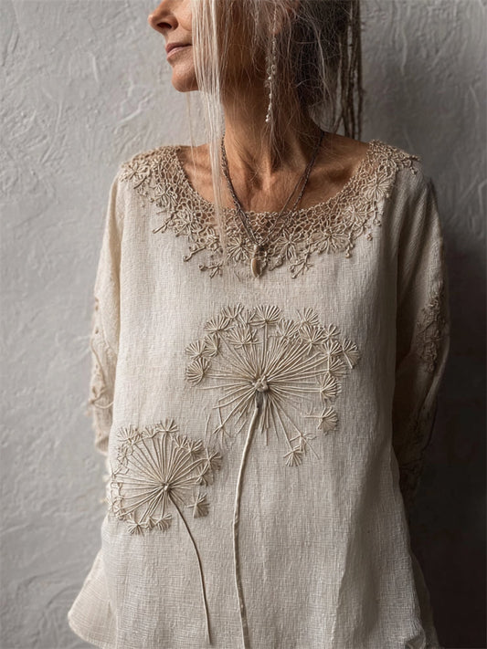 Comstylish Vintage Dandelion Embroidered Lace Hem Linen Tunic