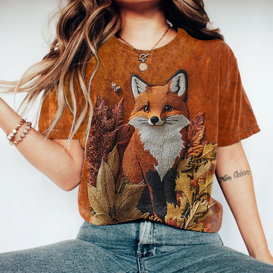 Respect The Locals Protect National Park Maple Leaf Cute Fox Graphic Embroidered Washed T Shirt artswardrobe