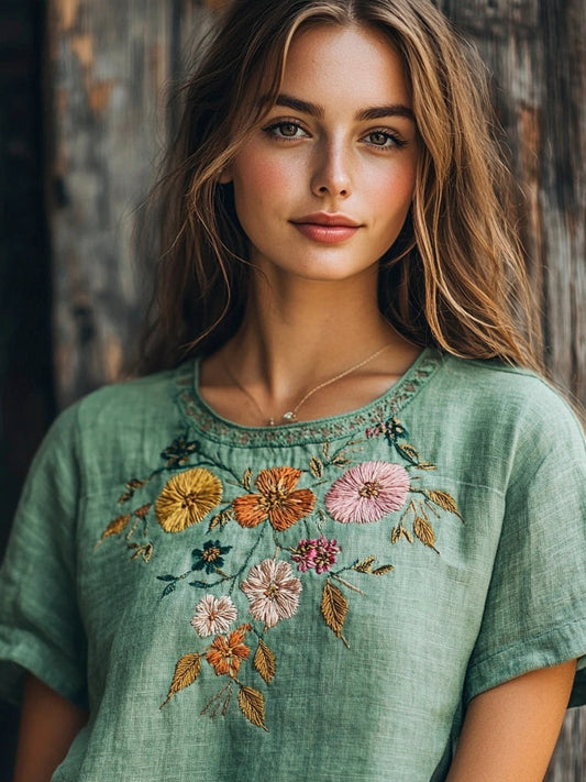 Boho Ethnic Floral Embroidery Women's Linen T-shirt artswardrobe