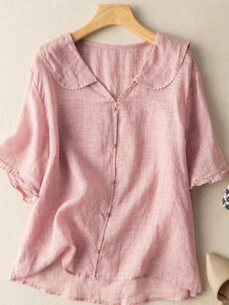 Comstylish Women's Casual Lapel Linen Solid Shirt