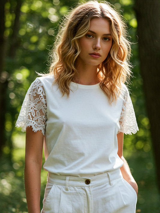 Women's Casual Solid Color Lace Hollow Design T-shirt artswardrobe