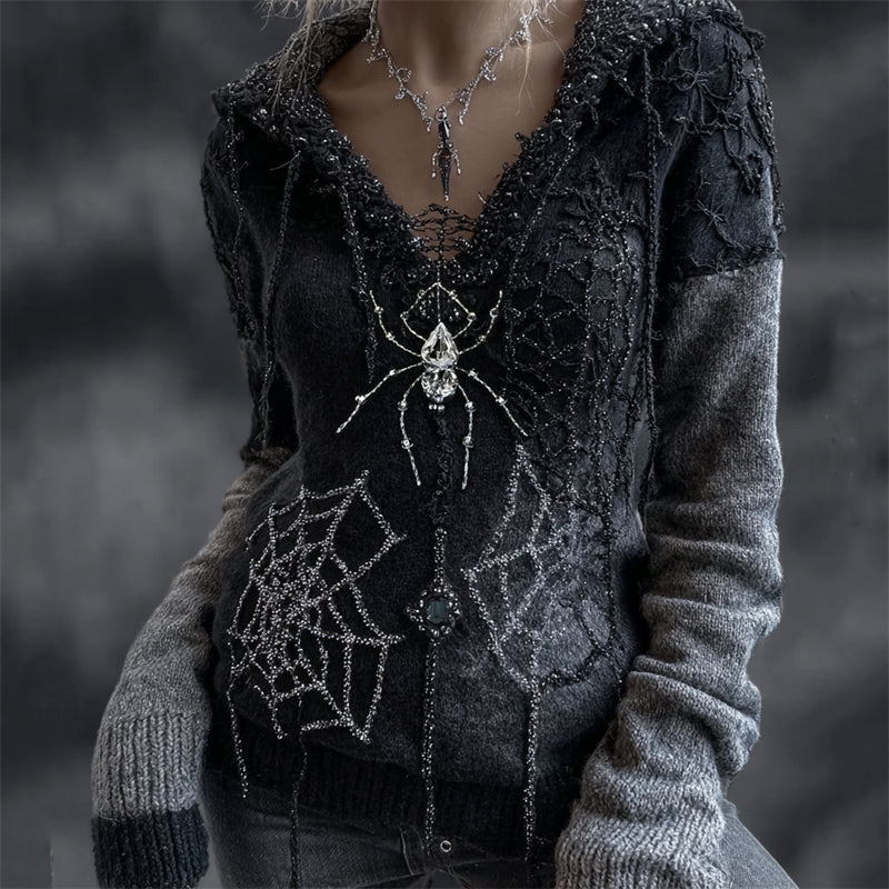 Halloween Spider & Spiderweb Glitter Diamonds Cozy Knit Hooded Sweater elevenforest