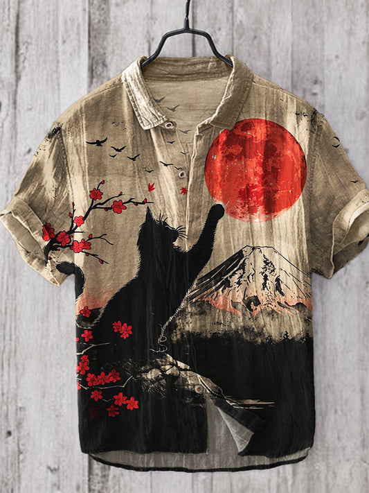 Cat & Plum Blossom Mount Fuji Sunrise Japanese Art Linen Shirt elevenforest